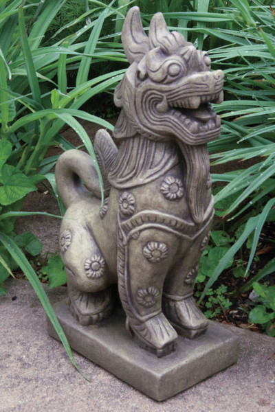 Foo Dog Sculpture with Floral Accents Cement Garden Asian Decor